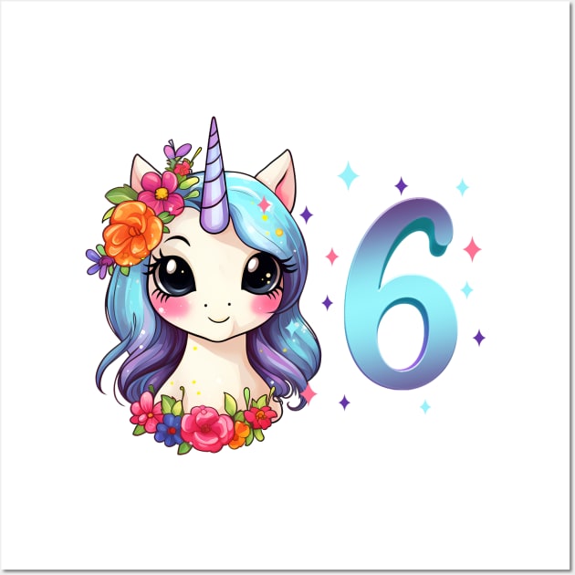 I am 6 with unicorn - girl birthday 6 years old Wall Art by Modern Medieval Design